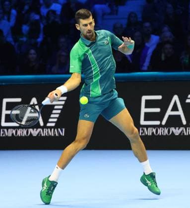 (231117) -- TURIN, Nov. 17, 2023 -- Novak Djokovic hits a return during the group stage match between Novak Djokovic of Serbia and Hubert Hurkacz of Poland at ATP, Tennis Herren Finals tennis tournament in Turin, Italy, Nov. 16, 2023. (Photo by Xinhua) (SP)ITALY-TURIN-TENNIS-ATP FINALS AlbertoxLingria 