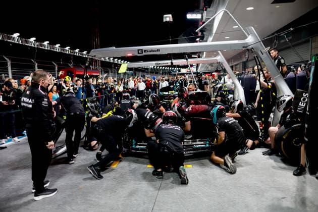 Mercedes-AMG Petronas F1 Team during pit stop practice, F1 Grand Prix of Las Vegas at Las Vegas Strip Circuit on November 16, 2023 in Las Vegas, United States of America. (Photo by HOCH ZWEI) Las Vegas United States of America