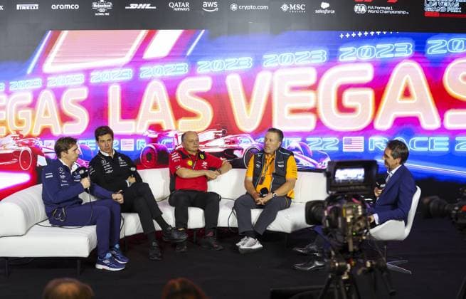 Team principal press conference, PK, Pressekonferenz with VOWLES James, Williams Racing, portrait, WOLFF Toto (aut), Mercedes AMG F1 Team, VASSEUR Frà dà ric (fra), Scuderia Ferrari, and BROWN Zak (usa), McLaren Racing during the 2023 Formula 1 Heineken Silver Las Vegas Grand Prix, 21th round of the 2023 Formula One World Championship, WM, Weltmeisterschaft from November 17 to 19, 2023 on the Las Vegas Strip Circuit, in Las Vegas, USA - F1 - LAS VEGAS GRAND PRIX 2023 DPPI Panoramic AV3_5333