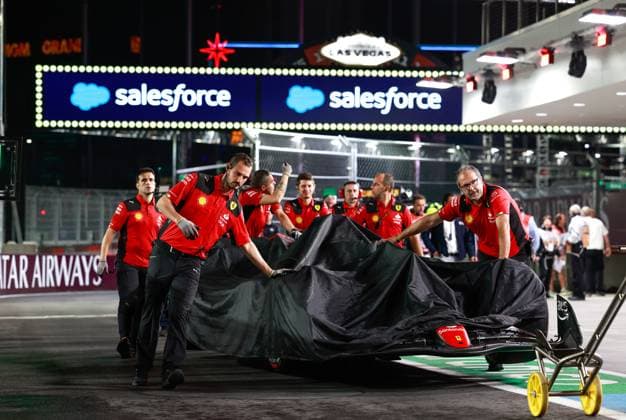 Damaged car of 55 Carlos Sainz (ESP, Scuderia Ferrari), F1 Grand Prix of Las Vegas at Las Vegas Strip Circuit on November 16, 2023 in Las Vegas, United States of America. (Photo by HOCH ZWEI) Las Vegas United States of America
