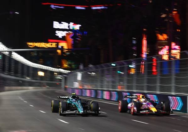 14 Fernando Alonso (ESP, Aston Martin Aramco Cognizant F1 Team), 1 Max Verstappen (NLD, Oracle Red Bull Racing), F1 Grand Prix of Las Vegas at Las Vegas Strip Circuit on November 17, 2023 in Las Vegas, United States of America. (Photo by HOCH ZWEI) Las Vegas United States of America