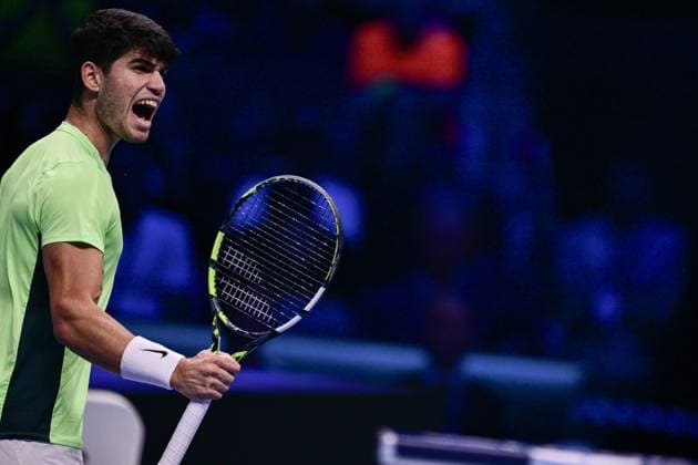 Foto Marco Alpozzi LaPresse 17 Novembre 2023 Torino - Italia - - Tennis Nitto ATP, Tennis Herren Finals - Carlos ALCARAZ (ESP) vs Daniil MEDVEDEV (RUS) Nella foto: Carlos Alcaraz (Spain) November 17, 2023 Turin - Italy - Sport - Tennis Nitto ATP Finals - Carlos ALCARAZ (ESP) vs Daniil MEDVEDEV (RUS) In the pic: Carlos Alcaraz (Spain)  Copyright: xMarcoxAlpozzi LaPressex