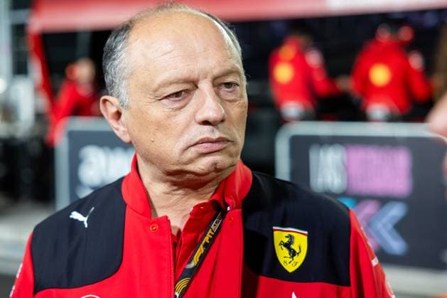 LAS VEGAS, NV - NOVEMBER 16: Ferrari team principal Frederic Vasseur is interviewed before P2 practice at the F1 Las Vegas Grand Prix on Thursday, November 16 on the Las Vegas Street Circuit in Las Vegas, NV. (Photo by Bob Kupbens Icon Sportswire) AUTO: NOV 16 F1 Las Vegas Grand Prix EDITORIAL USE ONLY Icon231117059