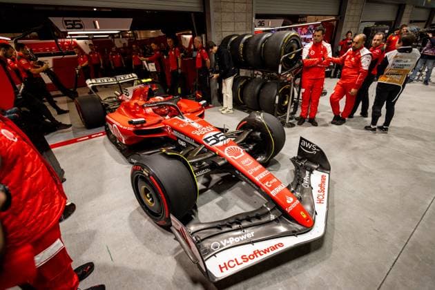 LAS VEGAS, NV - NOVEMBER 16: Ferrari driver Carlos Sainz (55) of Spain drives out of the garage during P2 practice at the F1 Las Vegas Grand Prix on Thursday, November 16 on the Las Vegas Street Circuit in Las Vegas, NV. (Photo by Bob Kupbens Icon Sportswire) AUTO: NOV 16 F1 Las Vegas Grand Prix EDITORIAL USE ONLY Icon231117064