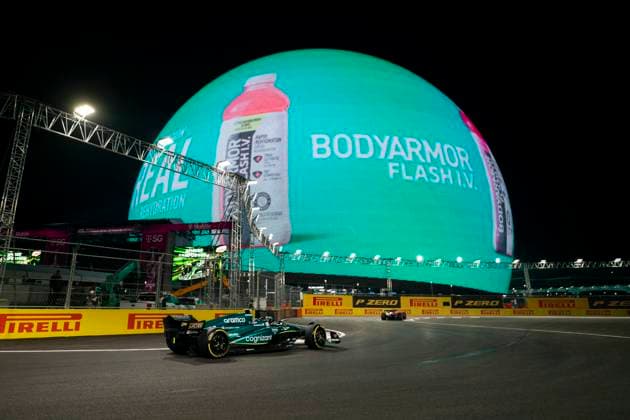 Spanish Formula One driver Fernando Alonso of Aston Martin in action during the second free practice session of the Formula One Las Vegas Grand Prix at the Las Vegas Strip Circuit in Las Vegas on Friday, November 17, 2023. The race is set to start on Saturday at 10 p.m. local time, or 0600GMT, Sunday, November 19, 2023.  LAV2023111725 GREGxNASH
