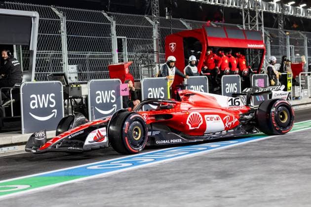 LAS VEGAS, NV - NOVEMBER 16: Ferrari driver Charles Leclerc (16) of Monaco heads out of the pit during P2 practice at the F1 Las Vegas Grand Prix on Thursday, November 16 on the Las Vegas Street Circuit in Las Vegas, NV. (Photo by Bob Kupbens Icon Sportswire) AUTO: NOV 16 F1 Las Vegas Grand Prix EDITORIAL USE ONLY Icon231117092
