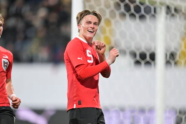 SOCCER - UEFA U21, U 21 EURO quali, AUT vs FRA RIED,AUSTRIA,17.NOV.23 - SOCCER - UEFA European Under-21 Championship 2025, qualifiers, OEFB international match, Länderspiel, Nationalmannschaft Austria vs France. Image shows the rejoicing of Paul-Friedrich Koller (AUT).  GEPAxpictures xChristianxMoser