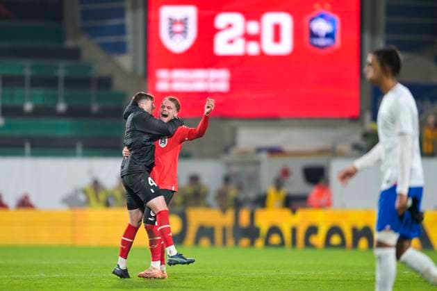 SOCCER - UEFA U21, U 21 EURO quali, AUT vs FRA RIED,AUSTRIA,17.NOV.23 - SOCCER - UEFA European Under-21 Championship 2025, qualifiers, OEFB international match, Länderspiel, Nationalmannschaft Austria vs France. Image shows the rejoicing of team AUT.  GEPAxpictures xChristianxMoser