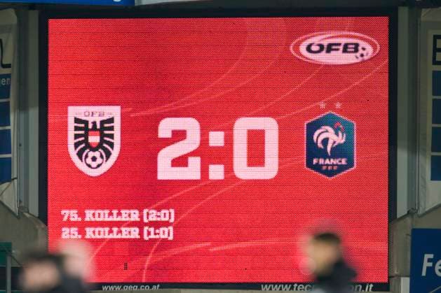 SOCCER - UEFA U21, U 21 EURO quali, AUT vs FRA RIED,AUSTRIA,17.NOV.23 - SOCCER - UEFA European Under-21 Championship 2025, qualifiers, OEFB international match, Länderspiel, Nationalmannschaft Austria vs France. Image shows the scoreboard.  GEPAxpictures xChristianxMoser