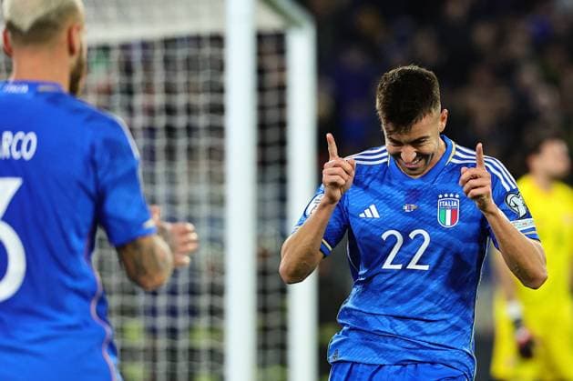Stephan El Shaarawy of Italy celebrates with team mate Federico Dimarco after scoring the goal of 5-2 during the Euro 2024 Qualifiers 2024 Group C football match between Italy and North Macedonia at Olimpico stadium in Rome (Italy), November 17th, 2023. cesarexpurini