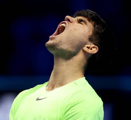(231118) -- TURIN, Nov. 18, 2023 -- Carlos Alcaraz celebrates after winning the group stage match between Carlos Alcaraz of Spain and Daniil Medvedev of Russia at ATP, Tennis Herren Finals tennis tournament in Turin, Italy, Nov. 17, 2023. (Photo by Xinhua) (SP)ITALY-TURIN-TENNIS-ATP FINALS AugustoxCasasoli 