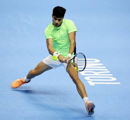 (231118) -- TURIN, Nov. 18, 2023 -- Carlos Alcaraz hits a return during the group stage match between Carlos Alcaraz of Spain and Daniil Medvedev of Russia at ATP, Tennis Herren Finals tennis tournament in Turin, Italy, Nov. 17, 2023. (Photo by Xinhua) (SP)ITALY-TURIN-TENNIS-ATP FINALS AugustoxCasasoli 
