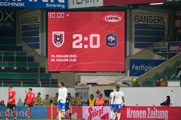 SOCCER - UEFA U21, U 21 EURO quali, AUT vs FRA RIED,AUSTRIA,17.NOV.23 - SOCCER - UEFA European Under-21 Championship 2025, qualifiers, OEFB international match, Länderspiel, Nationalmannschaft Austria vs France. Image shows the scoreboard.  GEPAxpictures xChristianxMoser