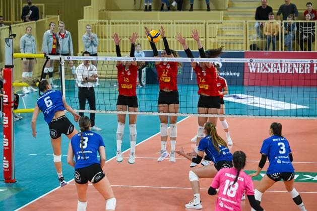 18.11.2023, GER, Volleyball, 1. Bundesliga Frauen 2023 2024 - VC Wiesbaden - VC Neuwied 77 Neuwieds Block steht in diesem Fall. Lydia Stemmler (13 Neuwied), Laura Broekstra (11 Neuwied) und Laura Berger (12 Neuwied). Wiesbaden Sporthalle am Platz der Deutsche Hessen Deutschland