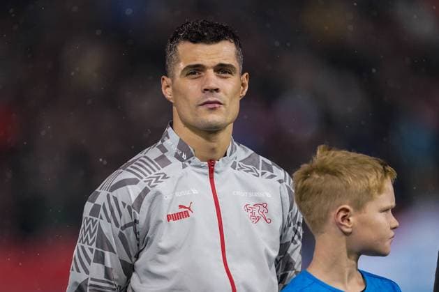 BASEL, SWITZERLAND - NOVEMBER 18: Granit Xhaka of Switzerland as he lines up for the National Anthems during the UEFA EURO, EM, Europameisterschaft,Fussball 2024 European qualifier match between Switzerland and Kosovo at St. Jakob-Park on November 18, 2023 in Basel, Switzerland. Basel St. Jakob-Park Switzerland Copyright: xJustPictures.ch DanielaxPorcellix jp-en-EuSpIm-DP108292 20231118