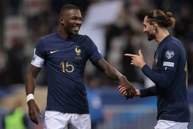 Nice, France, 18th November 2023. Marcus Thuram of France celebrates with team mate Adrien Rabiot after scoring to give the side a 2-0 lead during the UEFA European Championship, EM, Europameisterschaft Qualifying match at Allianz Riviera Stadium, Nice. Picture credit should read: Jonathan Moscrop Sportimage EDITORIAL USE ONLY. No use with unauthorised audio, video, data, fixture lists, club league logos or live services. Online in-match use limited to 120 images, no video emulation. No use in betting, games or single club league player publications. SPI-2730-0008