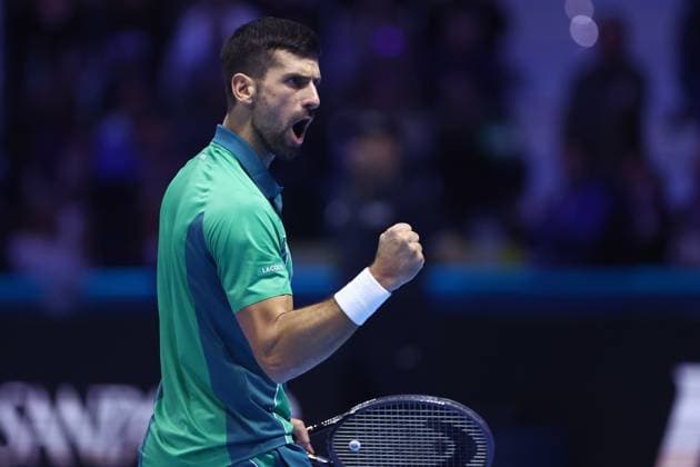 Novak Djokovic vs Carlos Alcaraz Novak Djokovic of Serbia celebrates during the semi-final singles match between Novak Djokovic of Serbia and Carlos Alcaraz of Spain on Day seven of the Nitto ATP, Tennis Herren World Tour Finals. Torino Pala Alpitour Italy Copyright: xMarcoxCanonierox