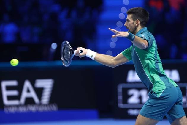 Novak Djokovic vs Carlos Alcaraz Novak Djokovic of Serbia in action during the semi-final singles match between Novak Djokovic of Serbia and Carlos Alcaraz of Spain on Day seven of the Nitto ATP, Tennis Herren World Tour Finals. Torino Pala Alpitour Italy Copyright: xMarcoxCanonierox