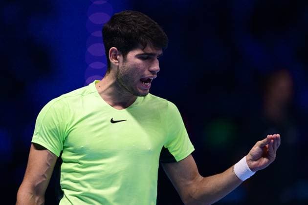 Foto Marco Alpozzi LaPresse 18 Novembre 2023 Torino - Italia - - Tennis Nitto ATP, Tennis Herren Finals - Carlos ALCARAZ (ESP) vs Novak DJOKOVIC (SRB) Nella foto: Carlos ALCARAZ (ESP) November 18, 2023 Turin - Italy - Sport - Tennis Nitto ATP Finals - Carlos ALCARAZ (ESP) vs Novak DJOKOVIC (SRB) In the pic: Carlos ALCARAZ (ESP)  Copyright: xMarcoxAlpozzi LaPressex
