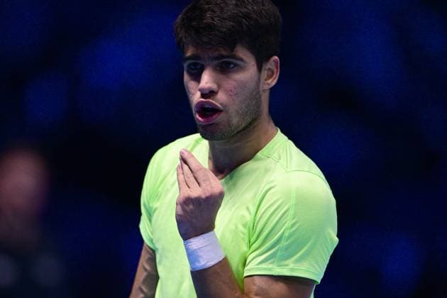 Foto Marco Alpozzi LaPresse 18 Novembre 2023 Torino - Italia - - Tennis Nitto ATP, Tennis Herren Finals - Carlos ALCARAZ (ESP) vs Novak DJOKOVIC (SRB) Nella foto: Carlos ALCARAZ (ESP) November 18, 2023 Turin - Italy - Sport - Tennis Nitto ATP Finals - Carlos ALCARAZ (ESP) vs Novak DJOKOVIC (SRB) In the pic: Carlos ALCARAZ (ESP)  Copyright: xMarcoxAlpozzi LaPressex