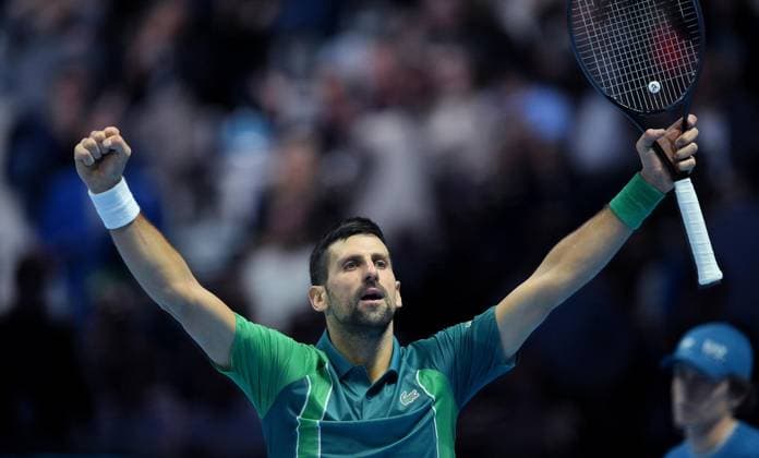 November 18, 2023, Turin: Novak Djokovic of Serbia during the match against Carlos Alcaraz of Spain at the Nitto ATP, Tennis Herren Finals tennis tournament in Turin, Italy, 18 November 2023. ANSA ALESSANDRO DI MARCO Nitto ATP Finals  - ZUMAa110 20231118_zaf_a110_028 Copyright: xAlessandroxDixMarcox