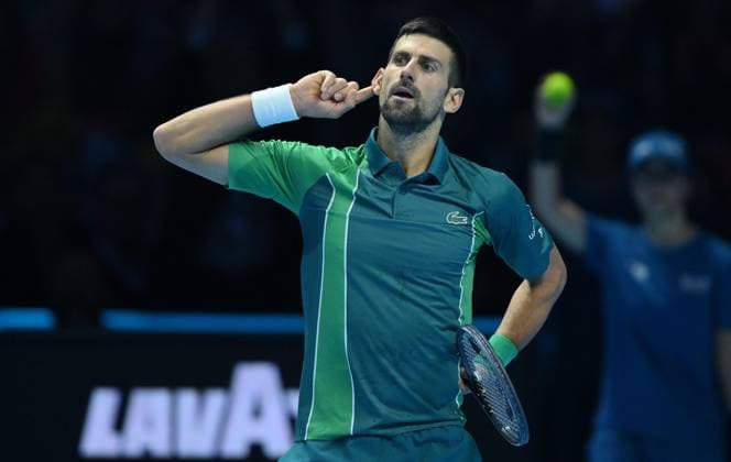 November 18, 2023, Turin: Novak Djokovic of Serbia during the match against Carlos Alcaraz of Spain at the Nitto ATP, Tennis Herren Finals tennis tournament in Turin, Italy, 18 November 2023. ANSA ALESSANDRO DI MARCO Nitto ATP Finals  - ZUMAa110 20231118_zaf_a110_029 Copyright: xAlessandroxDixMarcox