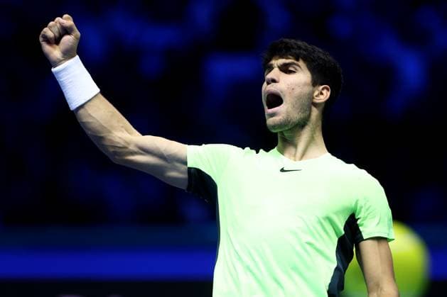 Novak Djokovic vs Carlos Alcaraz Carlos Alcaraz of Spain celebrates during the semi-final singles match between Novak Djokovic of Serbia and Carlos Alcaraz of Spain on Day seven of the Nitto ATP, Tennis Herren World Tour Finals. Torino Pala Alpitour Italy Copyright: xMarcoxCanonierox