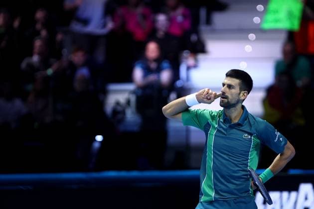 Novak Djokovic vs Carlos Alcaraz Novak Djokovic of Serbia celebrates during the semi-final singles match between Novak Djokovic of Serbia and Carlos Alcaraz of Spain on Day seven of the Nitto ATP, Tennis Herren World Tour Finals. Torino Pala Alpitour Italy Copyright: xMarcoxCanonierox