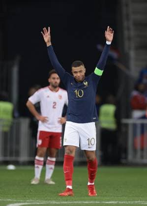 Nice, France, 18th November 2023. Kylian Mbappe of France celebrates after scoring his second goal to give the hosts a 11-0 lead during the UEFA European Championship, EM, Europameisterschaft Qualifying match at Allianz Riviera Stadium, Nice. Picture credit should read: Jonathan Moscrop Sportimage EDITORIAL USE ONLY. No use with unauthorised audio, video, data, fixture lists, club league logos or live services. Online in-match use limited to 120 images, no video emulation. No use in betting, games or single club league player publications. SPI-2730-0051
