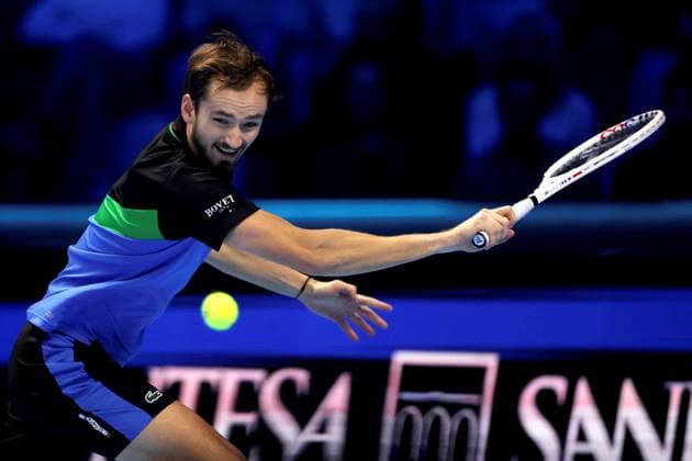 (231119) -- TURIN, Nov. 19, 2023 -- Daniil Medvedev hits a return during the semifinal match between Jannik Sinner of Italy and Daniil Medvedev of Russia at ATP, Tennis Herren Finals tennis tournament in Turin, Italy, Nov. 18, 2023. (Photo by Xinhua) (SP)ITALY-TURIN-TENNIS-ATP FINALS AlbertoxLingria 