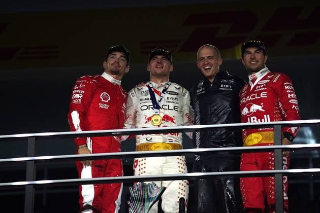 19.11.2023, Las Vegas Street Circuit, Las Vegas, FORMULA 1 HEINEKEN SILVER LAS VEGAS GRAND PRIX 2023 ,im Bild Sieger Max Verstappen (NLD), Oracle Red Bull Racing, 2.Platz für Charles Leclerc (MCO), Scuderia Ferrari, 3.Platz für Sergio Perez (MEX), Oracle Red Bull Racing Las Vegas Las Vegas Street Circuit United States
