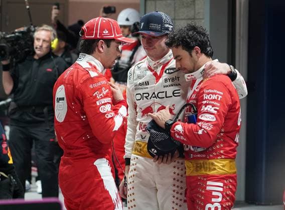 18.11.2023, Las Vegas Street Circuit, Las Vegas, FORMULA 1 HEINEKEN SILVER LAS VEGAS GRAND PRIX 2023 ,im Bild Sieger Max Verstappen (NLD), Oracle Red Bull Racing, 2.Platz für Charles Leclerc (MCO), Scuderia Ferrari, 3.Platz für Sergio Perez (MEX), Oracle Red Bull Racing Las Vegas Las Vegas Street Circuit United States