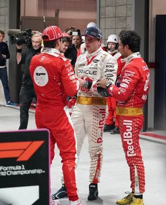 18.11.2023, Las Vegas Street Circuit, Las Vegas, FORMULA 1 HEINEKEN SILVER LAS VEGAS GRAND PRIX 2023 ,im Bild Sieger Max Verstappen (NLD), Oracle Red Bull Racing, 2.Platz für Charles Leclerc (MCO), Scuderia Ferrari, 3.Platz für Sergio Perez (MEX), Oracle Red Bull Racing Las Vegas Las Vegas Street Circuit United States