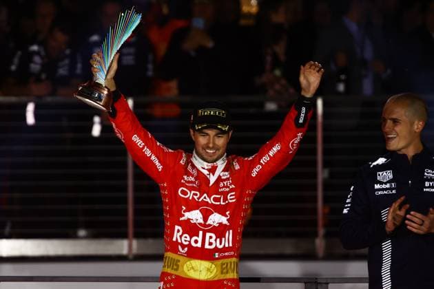 F1 Las Vegas Grand Prix 2023 Sergio Perez of Red Bull Racing at podium of the Formula 1 Las Vegas Grand Prix at Las Vegas Strip Circuit in Las Vegas, United States on November 18, 2023. Las Vegas United States  Copyright: xJakubxPorzyckix originalFilename:porzycki-f1lasveg231118_np7Qe.jpg