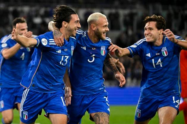 Matteo Darmian of Italy celebrates with Federico Dimarco and Federico Chiesa after scoring the goal of 1-0 during the Euro 2024 Qualifiers 2024 Group C football match between Italy and North Macedonia at Olimpico stadium in Rome (Italy), November 17th, 2023. andreaxstaccioli
