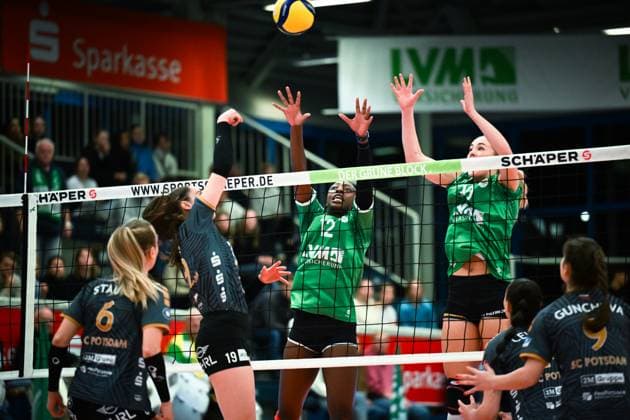 18.11.2023, Sporthalle Berg Fidel, Münster Muenster Volleyball, Bundesliga Frauen, Hauptrunde, USC Münster Muenster vs. SC Potsdam Angriff Greta Kiss ( 19 Potsdam) - Doppelblock Block Gloria Destiny Mutiri ( 12 Muenster), Amalie Jorgensen ( 10 Muenster)