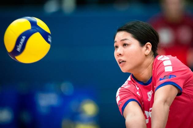 18.11.2023, Sporthalle Berg Fidel, Münster Muenster Volleyball, Bundesliga Frauen, Hauptrunde, USC Münster Muenster vs. SC Potsdam Annahme Justine Wong-Orantes ( 4 Potsdam) Libero