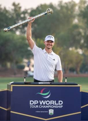 NICOLAI HoJGAARD of Denmark lifts the trophy after winning DP World Tour Championship in Dubai, United Arab Emirates, Nov 19, 2023. Dubai United Arab Emirates  Copyright: xMARTINxDOKOUPILx 441_4428