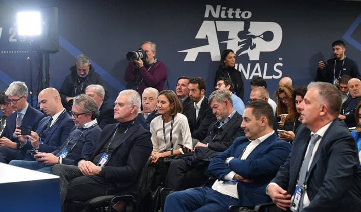 November 19, 2023, Turin: Piedmont Region Governor Alberto Cirio (L), Italian Minister Angelo Abodi, FIT president Angelo Binaghi and Turin Mayor Stefano Lo Russo during the final confrerence of the Nitto ATP, Tennis Herren Finals tennis tournament in Turin, Italy, 19 November 2023. ANSA ALESSANDRO DI MARCO Nitto ATP Finals  - ZUMAa110 20231119_zaf_a110_030 Copyright: xAlessandroxDixMarcox