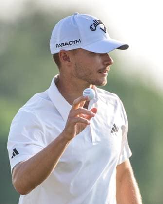 NICOLAI HoJGAARD of Denmark reacts after a putt on the 17th green during DP World Tour Championship in Dubai, United Arab Emirates, Nov 19, 2023. Dubai United Arab Emirates  Copyright: xMARTINxDOKOUPILx 443_2050