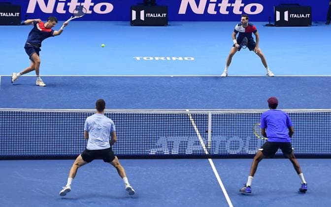 November 19, 2023, Turin, Italy: Rajeev Ram of USA and Joe Salisbury of Great Britain during the match against Marcel Granollers of Spain and Horacio Zeballos of Argentina at the Nitto ATP, Tennis Herren Finals tennis tournament in Turin, Italy, 19 November 2023. ANSA ALESSANDRO DI MARCO Nitto ATP Finals  - ZUMAa110 20231119_zaf_a110_032 Copyright: xAlessandroxDixMarcox