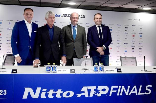 IPP20231119 Tennis: Nitto ATP, Tennis Herren Finals 2023 in Turin, alberto cirio presidente regione piemonte andrea abodi ministro dello binaghi angelo presidente fit e stefano lo russo sindaco torino (Verwendung nur in Deutschland - GERMANY ONLY) *** IPP20231119 Tennis Nitto ATP Finals 2023 in Turin, alberto cirio presidente regione piemonte andrea abodi ministro dello sport binaghi angelo presidente fit e stefano lo russo sindaco torino Use only in Germany GERMANY ONLY 