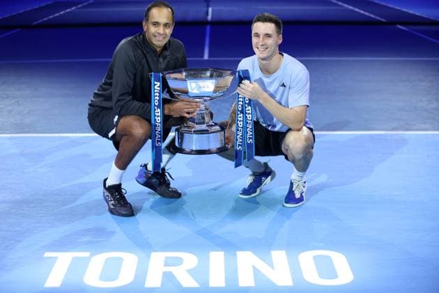 Granollers Zeballos vs Ram Salisbury Rajeev Ram of USA and Joe Salisbury of Great Britain celebrate with the trophy at the end of the final double match between Marcel Granollers of Spain and Horacio Zeballos of Argentina against Rajeev Ram of USA and Joe Salisbury of Great Britain on Day eight of the Nitto ATP, Tennis Herren World Tour Finals. Turin Pala Alpitour Italy Copyright: xMarcoxCanonierox