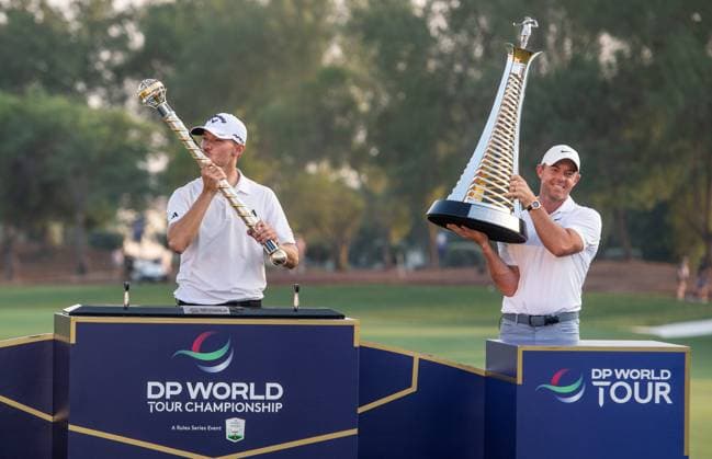 NICOLAI HoJGAARD of Denmark kisses the trophy after winning DP World Tour Championship, while RORY MCILROY of Northern Ireland lifts the trophy for the overall winner after becoming a five-time Race to Dubai champion in Dubai, United Arab Emirates, Nov 19, 2023. Dubai United Arab Emirates  Copyright: xMARTINxDOKOUPILx 441_4379