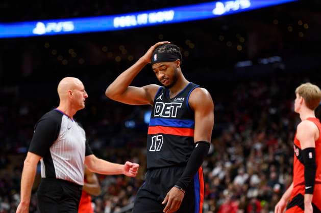 November 19, 2023, TORONTO, ON, CANADA: Detroit Pistons guard Stanley Umude (17) reacts during second half NBA, Basketball Herren, USA basketball action against the Toronto Raptors, in Toronto, Sunday, Nov. 19, 2023. Canada News - November 19, 2023 - ZUMAc35_ 20231119_zaf_c35_082 Copyright: xChristopherxKatsarovx