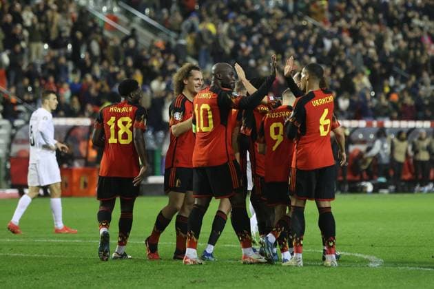 (231120) -- BRUSSELS, Nov. 20, 2023 -- Players of Belgium celebrate after scoring during the UEFA EURO, EM, Europameisterschaft,Fussball 2024 Group F qualification match between Belgium and Azerbaijan in Brussels, Belgium, on Nov. 19, 2023. ) (SP)BELGIUM-BRUSSELS-FOOTBALL-UEFA EURO 2024-QUALIFIERS ZhaoxDingzhe 