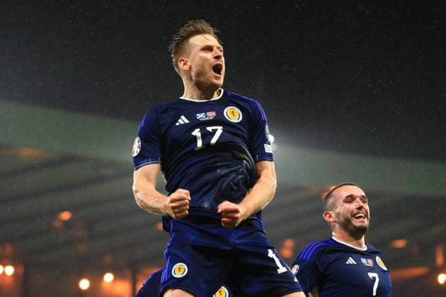 19th November 2023; Hampden Park, Glasgow, Scotland: Euro 2024 Qualifier Football, Scotland versus Norway; Stuart Armstrong of Scotland celebrates after scoring for 3-2  ActionPlus12577882 DavidxYoung