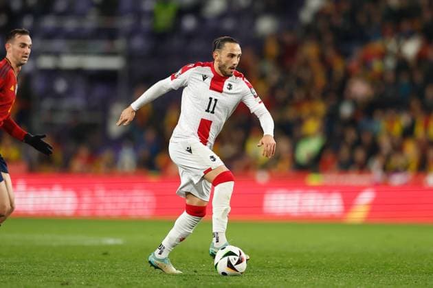Giorgi Kochorashvili (GEO), NOVEMBER 19, 2023 - Football Soccer : UEFA European Championship, EM, Europameisterschaft 2024 Qualifying round group A match between Spain 3-1 Georgia at the Estadio Jose Zorrilla in Valladolid, Spain. Noxthirdxpartyxsales  (236203274)