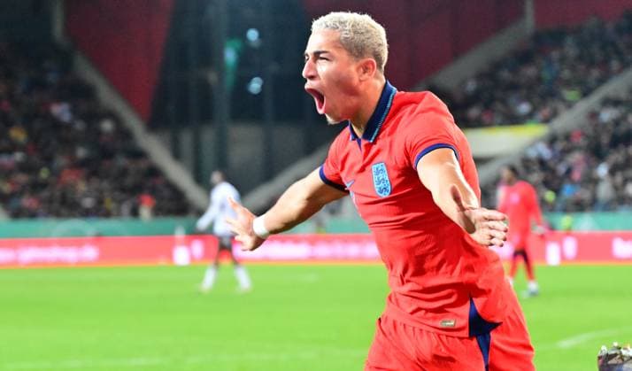 20.11.2023 - Fussball - Deutsche Fussballnationalmannschaft Nationalmannschaft der U20-Juniornen DFB - Länderspiel : Deutschland gg England - - xwoxzix - Torjubel Jubel Freude nach Treffer Tor Torschuß zum 1:1 durch Mateo Joseph (9, England ) -