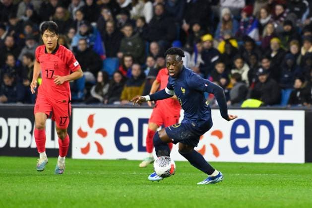 Arnaud Kalimuendo ( 9 - France ) during the match between France and South Korea U21, U 21 at Stade Oceane on November 20, 2023 in Le Havre, France. ( Photo by federico pestellini panoramic ) - FOOTBALL : France vs Coree du Sud Espoirs - Le Havre - 20 11 2023 FedericoPestellini Panoramic 